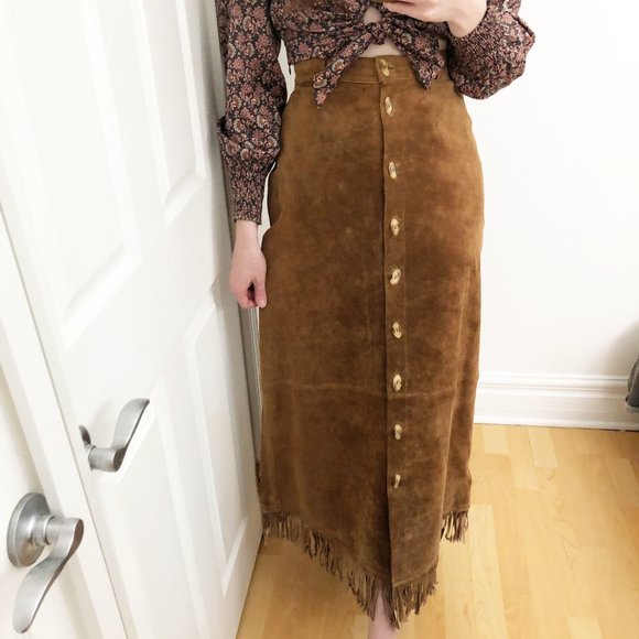 Vintage Dresses & Skirts - Vintage Fringed Tan Suede Maxi Skirt Boho Western